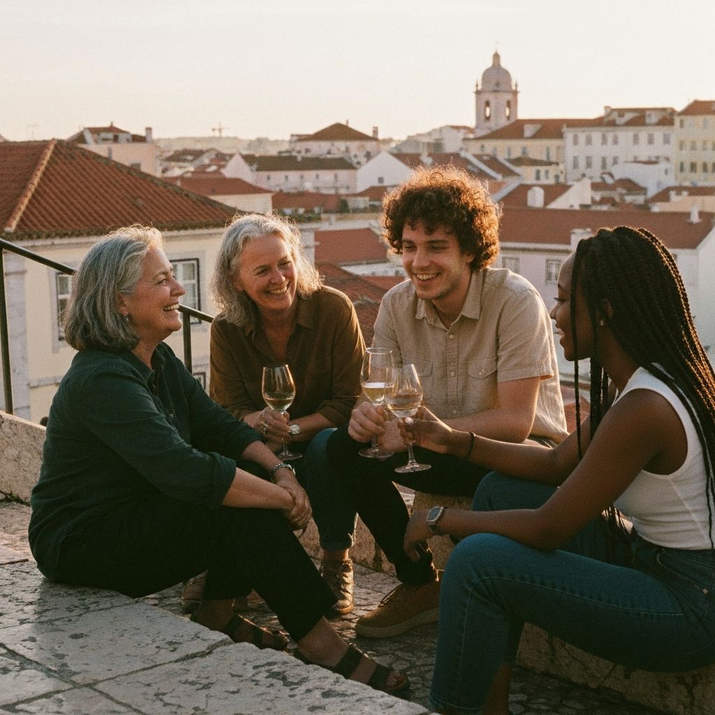 A joyful group of friends at a Lisbon miradouro at sunset.