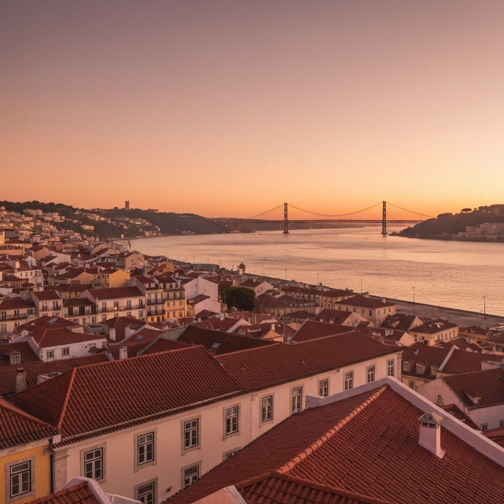 Warm golden sunset over the terracotta rooftops of Lisbon, with the Tagus river in the distance.